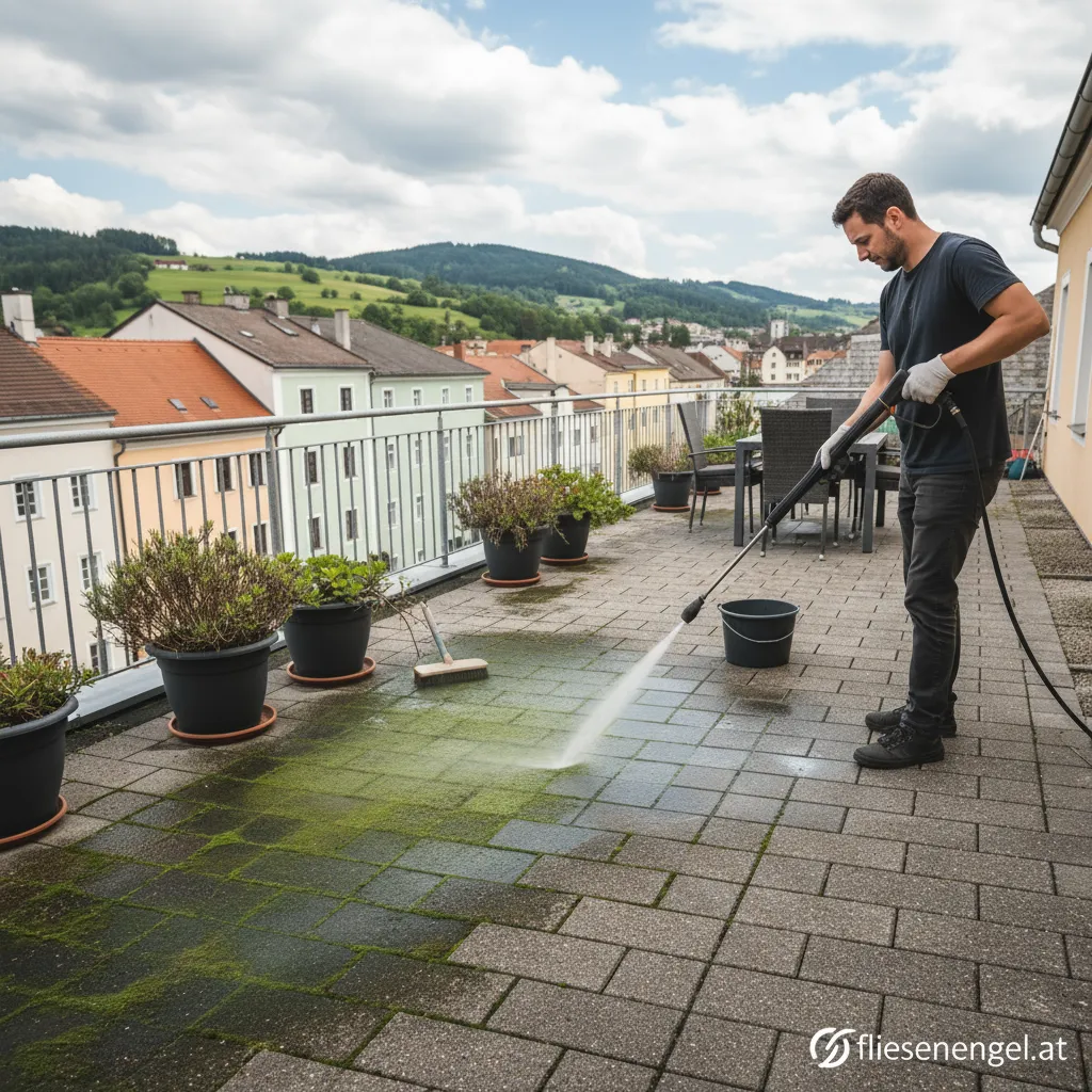 Saubere Terrasse nach der Entfernung von Algen in Steyr