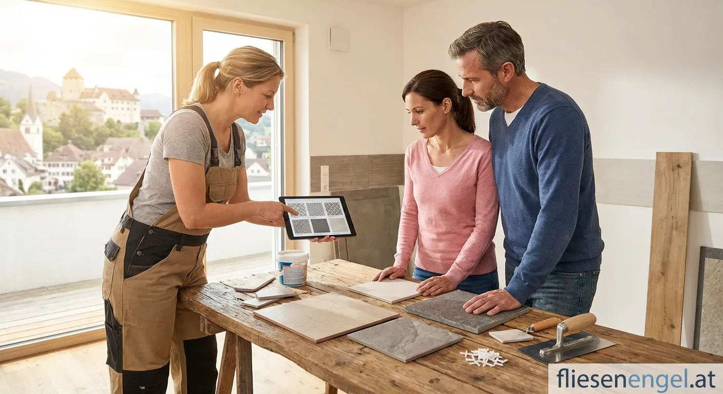 Moderne Fliesenverlegung mit professionellen Werkzeugen und Materialien