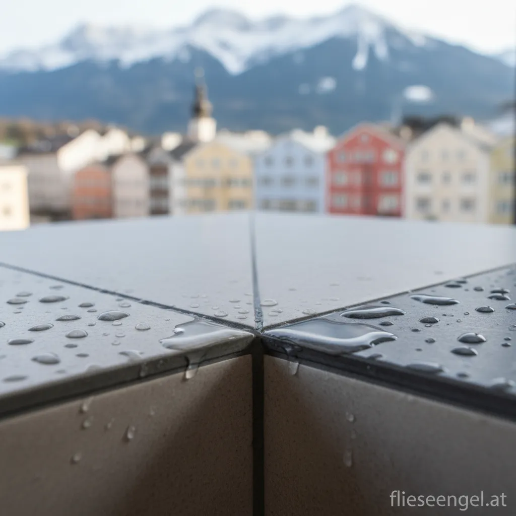 Detailaufnahme von perfekten, wasserdichten Epoxidharzfugen in einer modernen Dusche in Innsbruck.