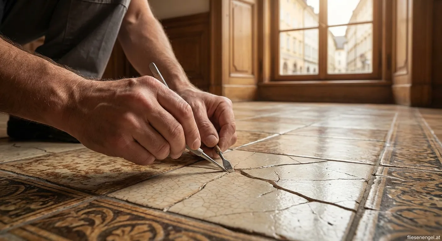 Handwerker führt Flickarbeiten Salzburg präzise an einer beschädigten Fliese aus