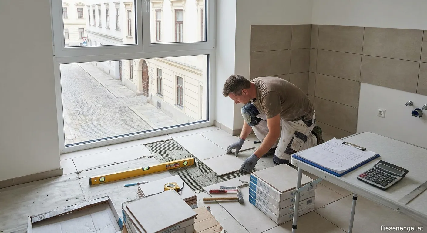 Handwerker verlegt keramische Fliesen in einem modernen Badezimmer in Wien