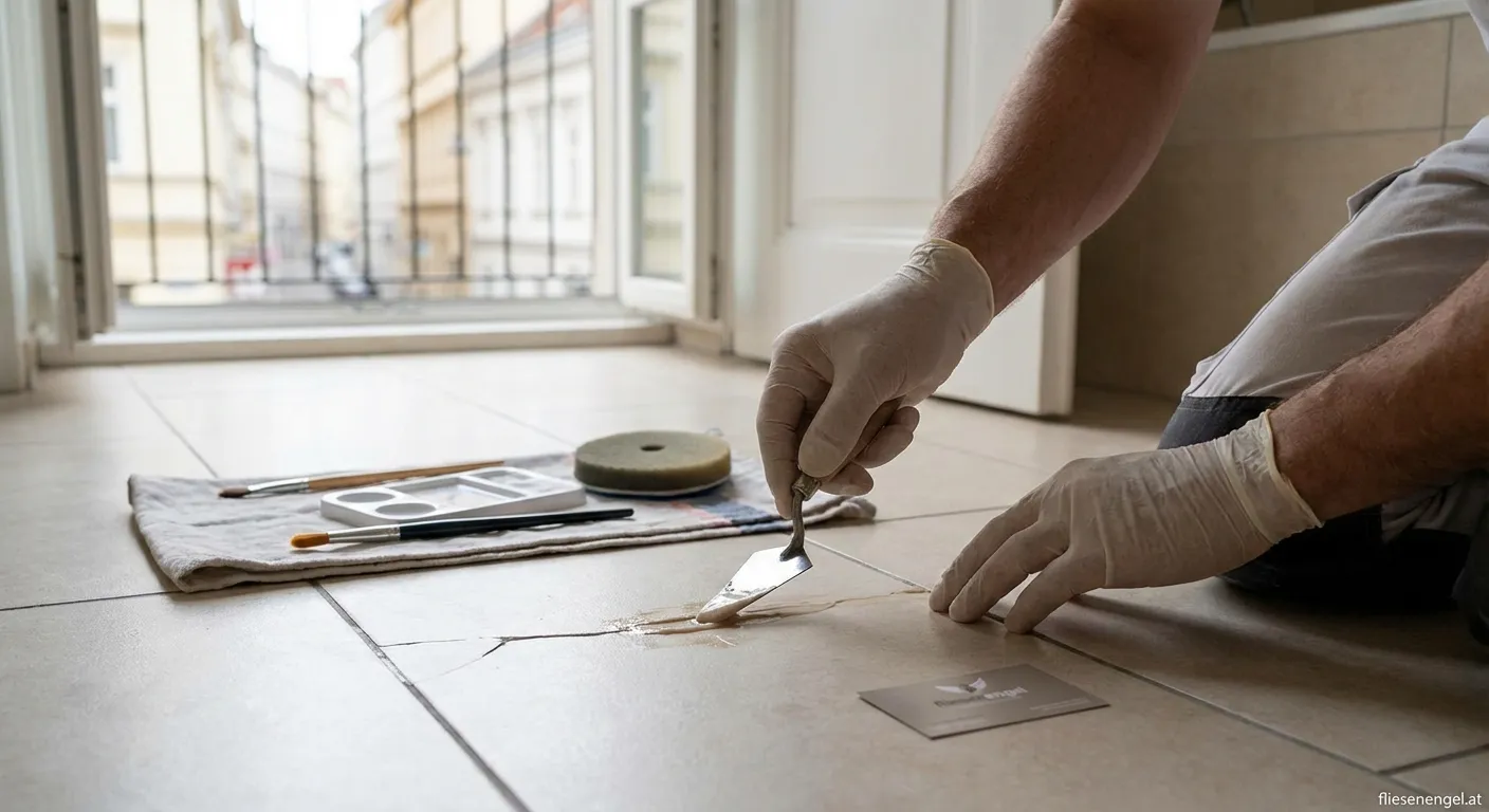Gerissene Bodenfliese im Badezimmer vor der Reparatur in Wien