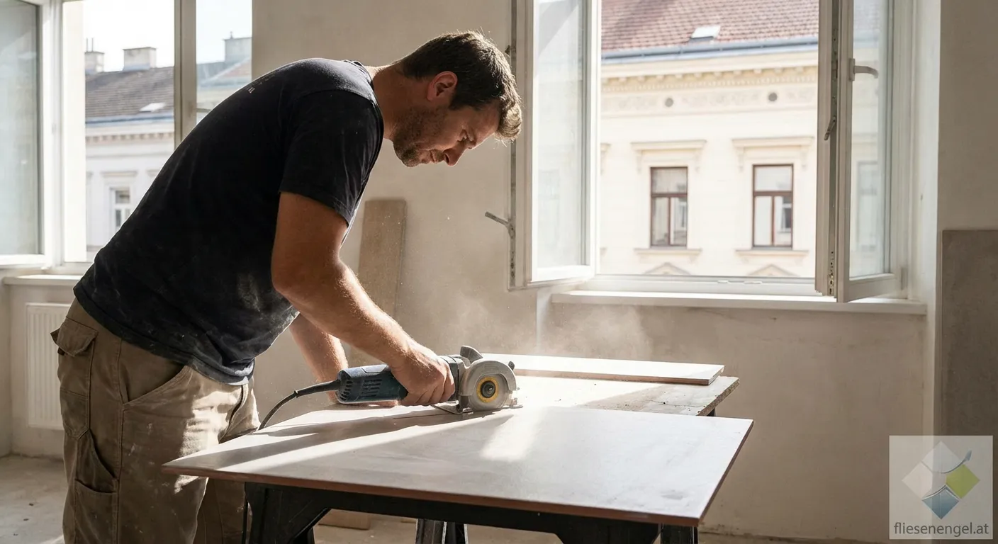 Präzises Fliesenschneiden einer Großformatfliese in Wien mit Diamantsäge