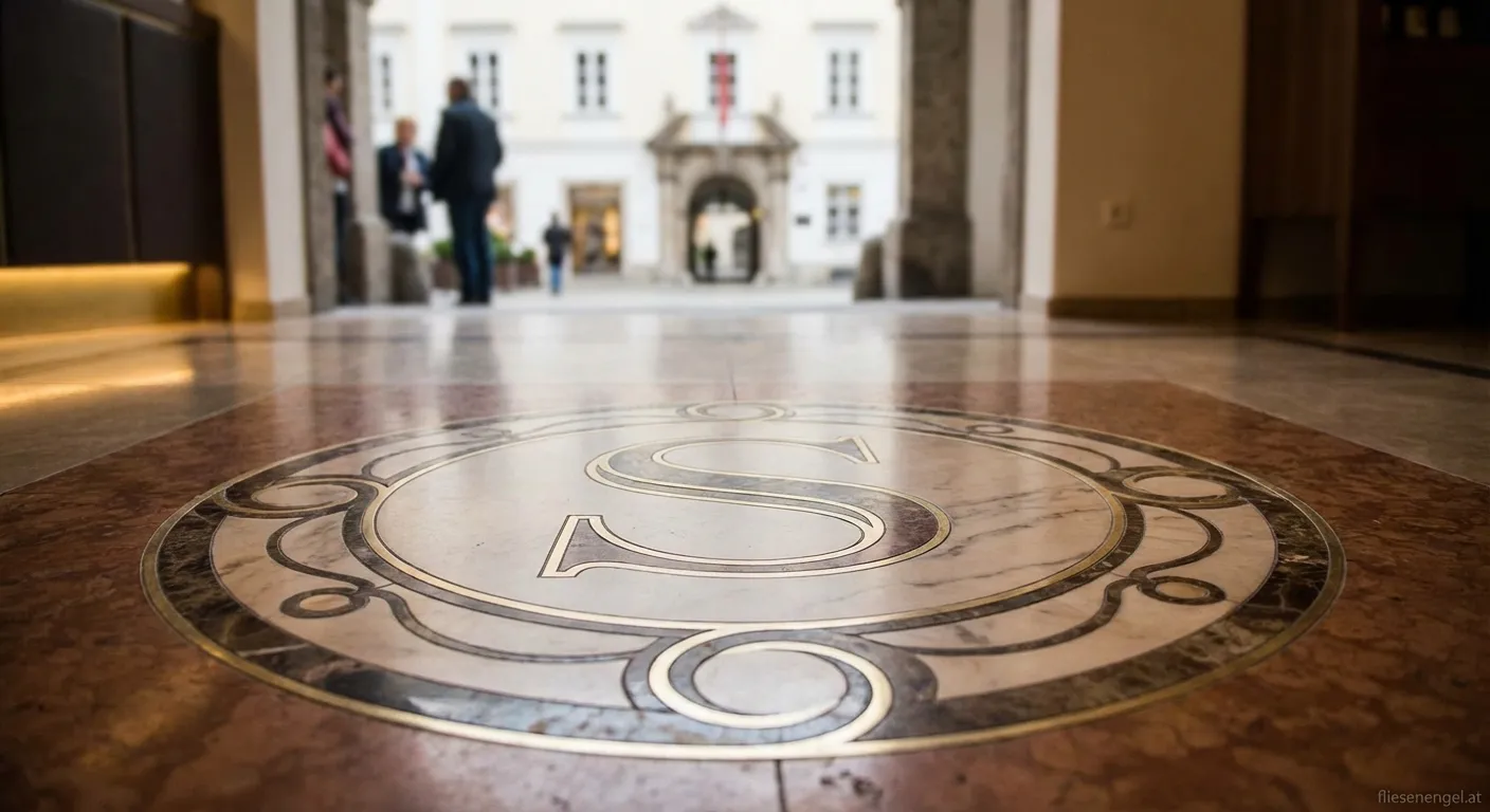 Präzise Logointegration im Bodenbelag einer Firma in Salzburg