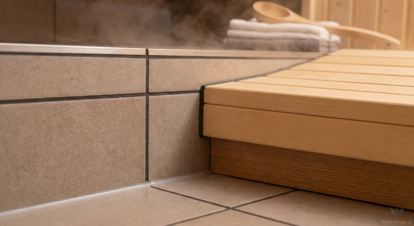 Detailaufnahme einer hitzebeständigen Silikonfuge in einer Holzsauna in Villach