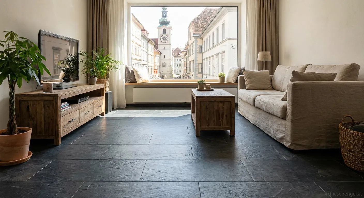 Natürliche Schieferoptikfliesen verlegen in einem modernen Wohnzimmer in Graz