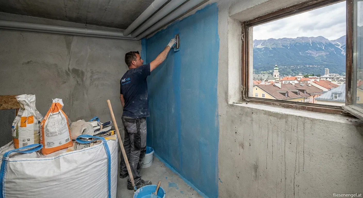 Auftragen von Sperrgrund auf einer Wand mit Feuchtigkeitsschaden in Innsbruck