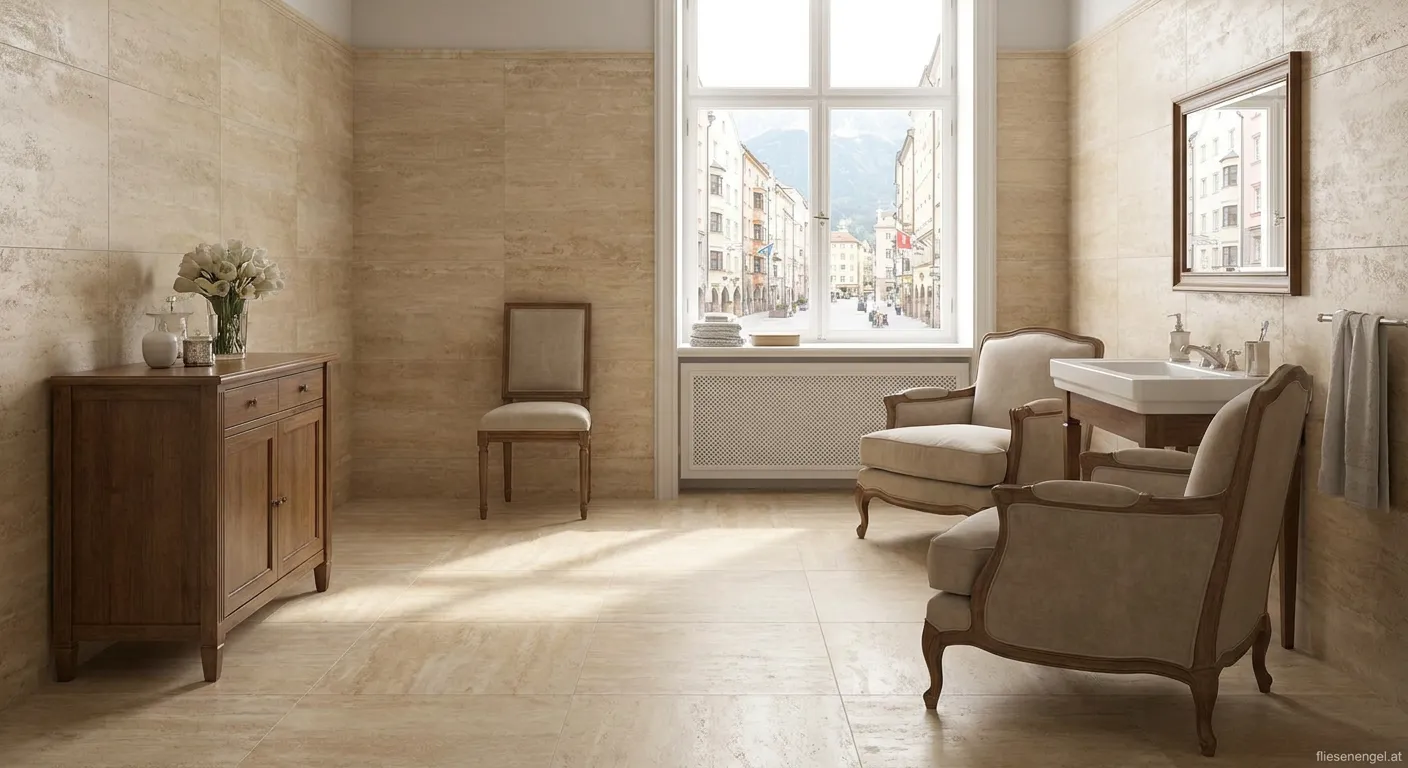 Klassische Travertinoptikfliesen im eleganten Wohnraum