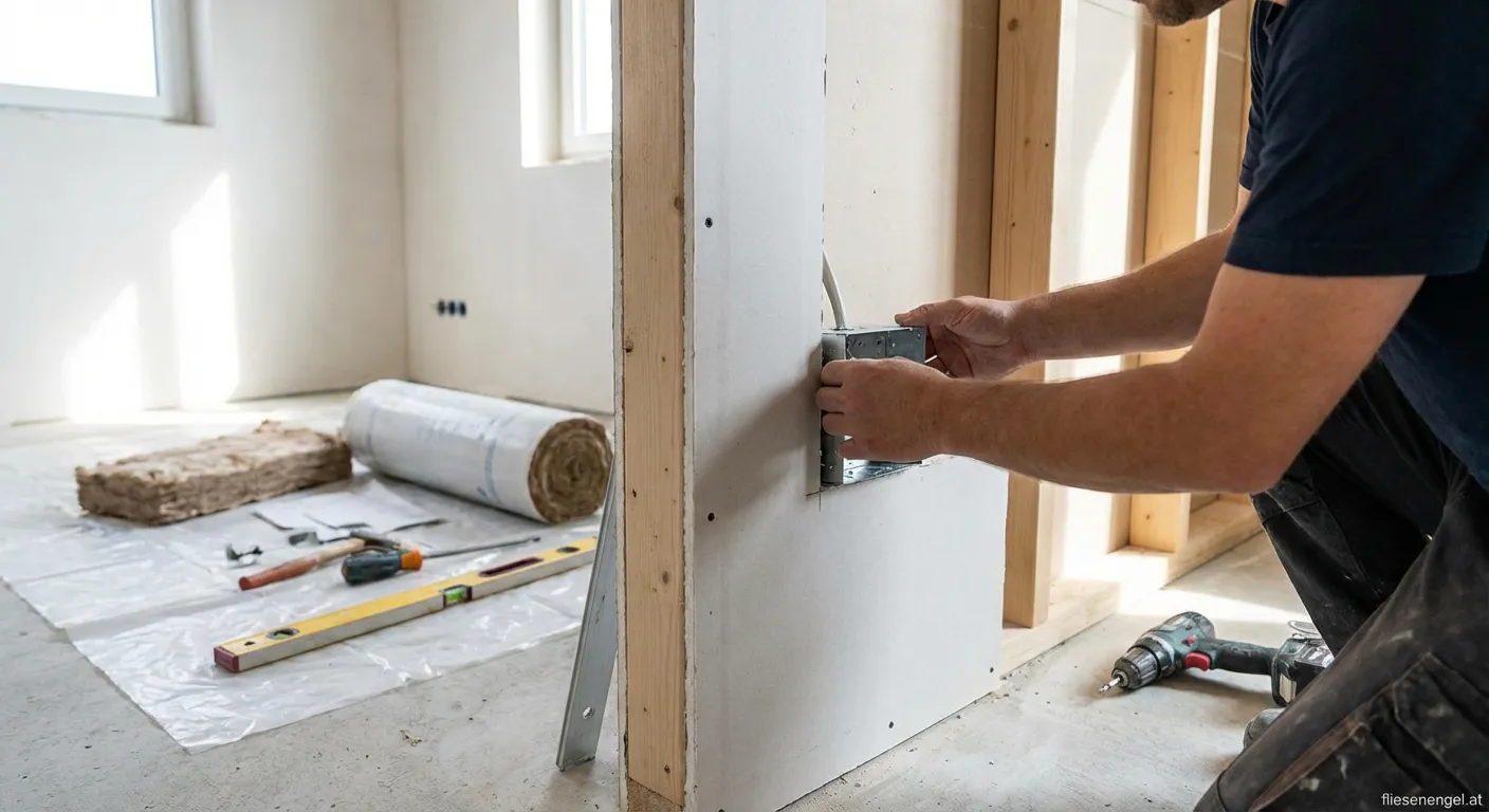 Handwerker bei der Montage einer Vorsatzschale in Bregenz mit Metallprofilen
